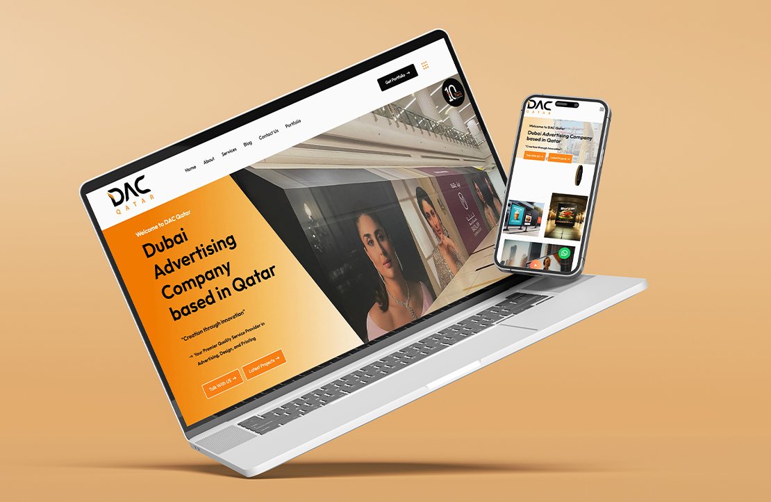 DAC Qatar advertising company website displayed on laptop and phone